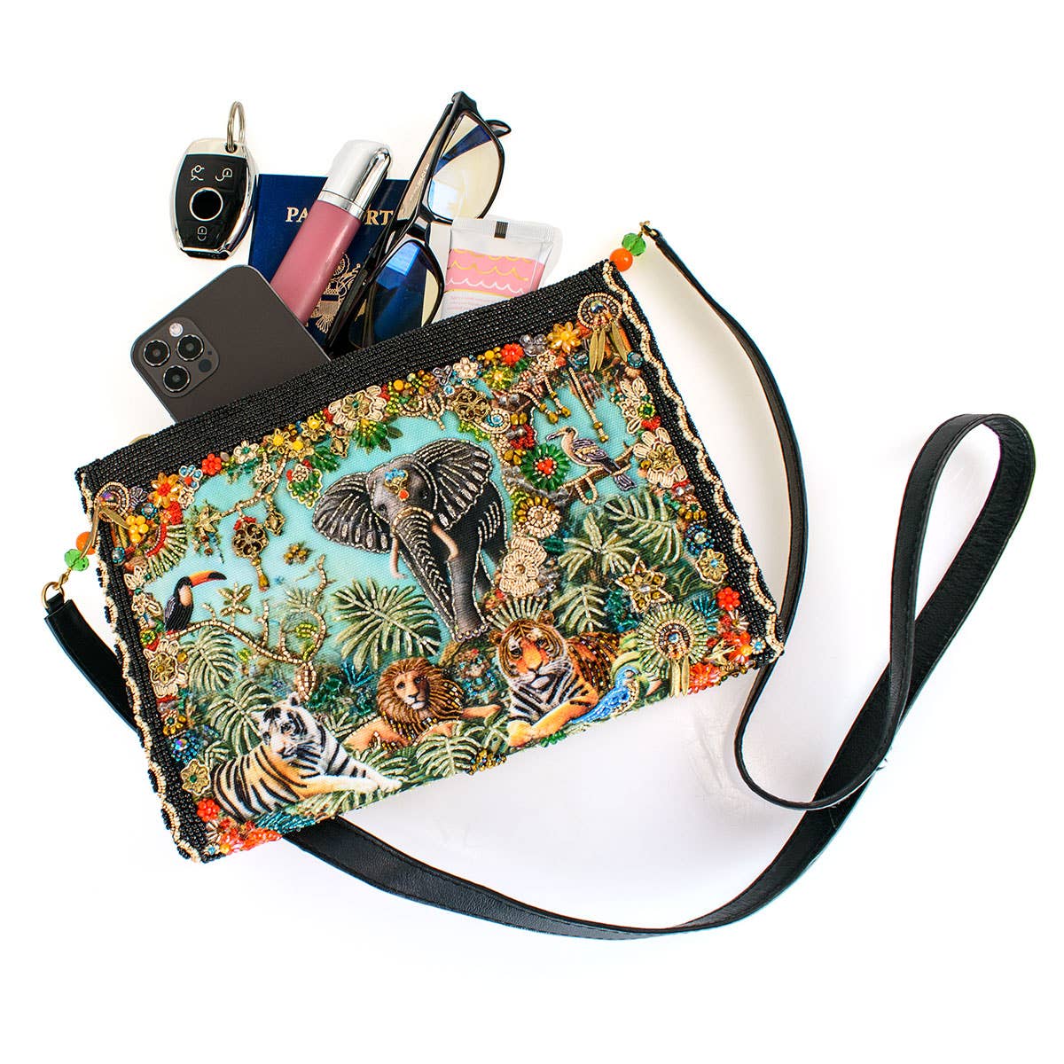 Wild Kingdom Elephant Embroided and Beaded Crossbody Handbag