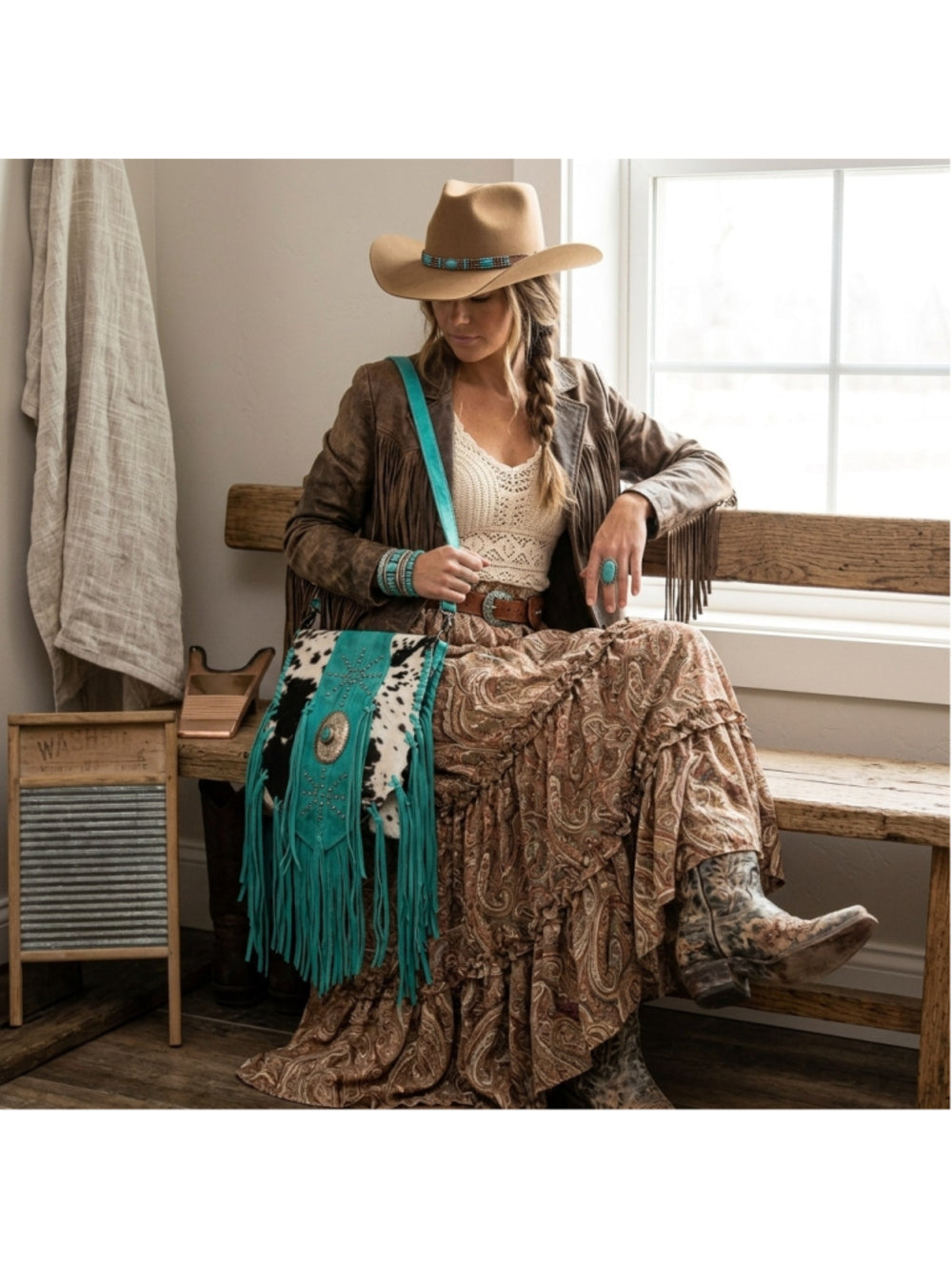 American Darling Turquoise Canyon Treasure Cowhide Fringe Crossbody