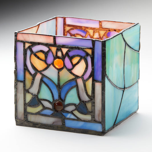 4.75"H Ilsa  Blue Flourishes Stained Glass Candle Holder