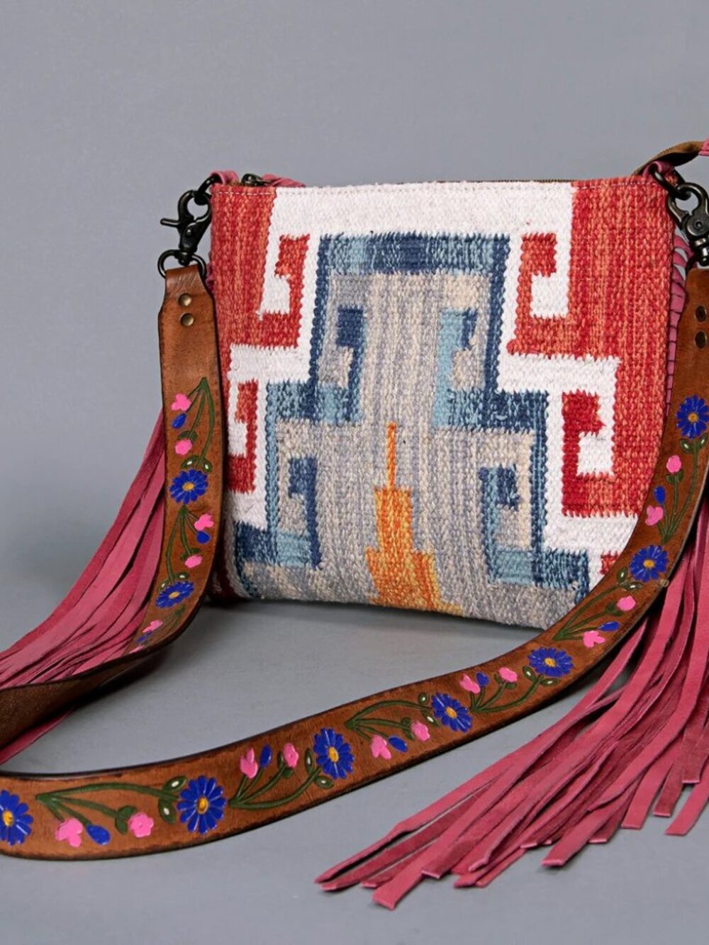 American Darling Boho Saddle Blanket Crossbody- Pink and Blue