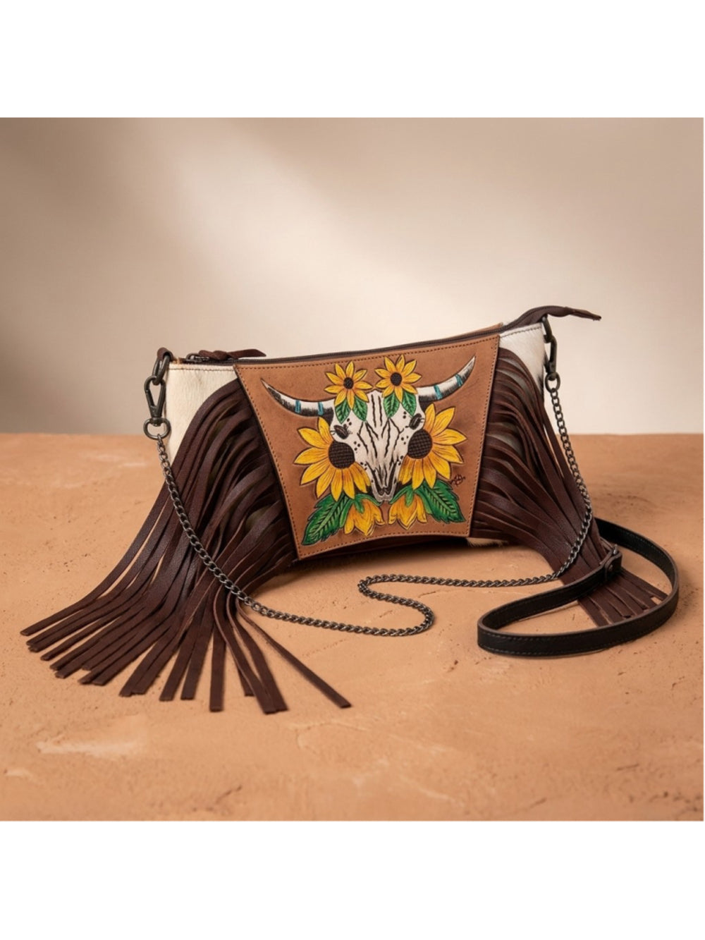American Darling Longhorn Skull Sunflowers Fringe Crossbody