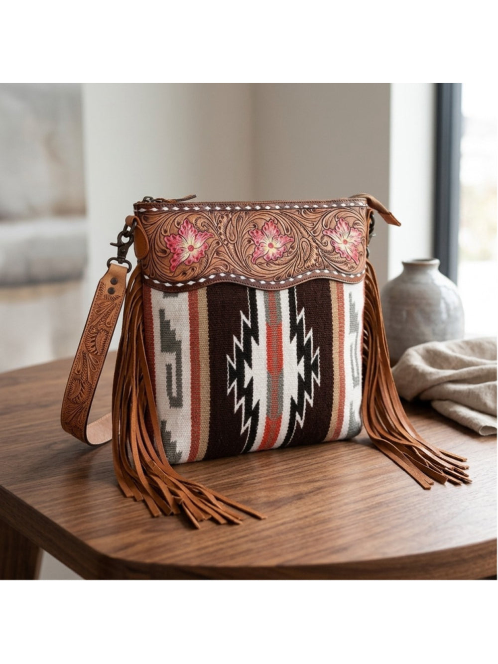 American Desert Bloom Brown and Coral Saddle Blanket Fringe Crossbody