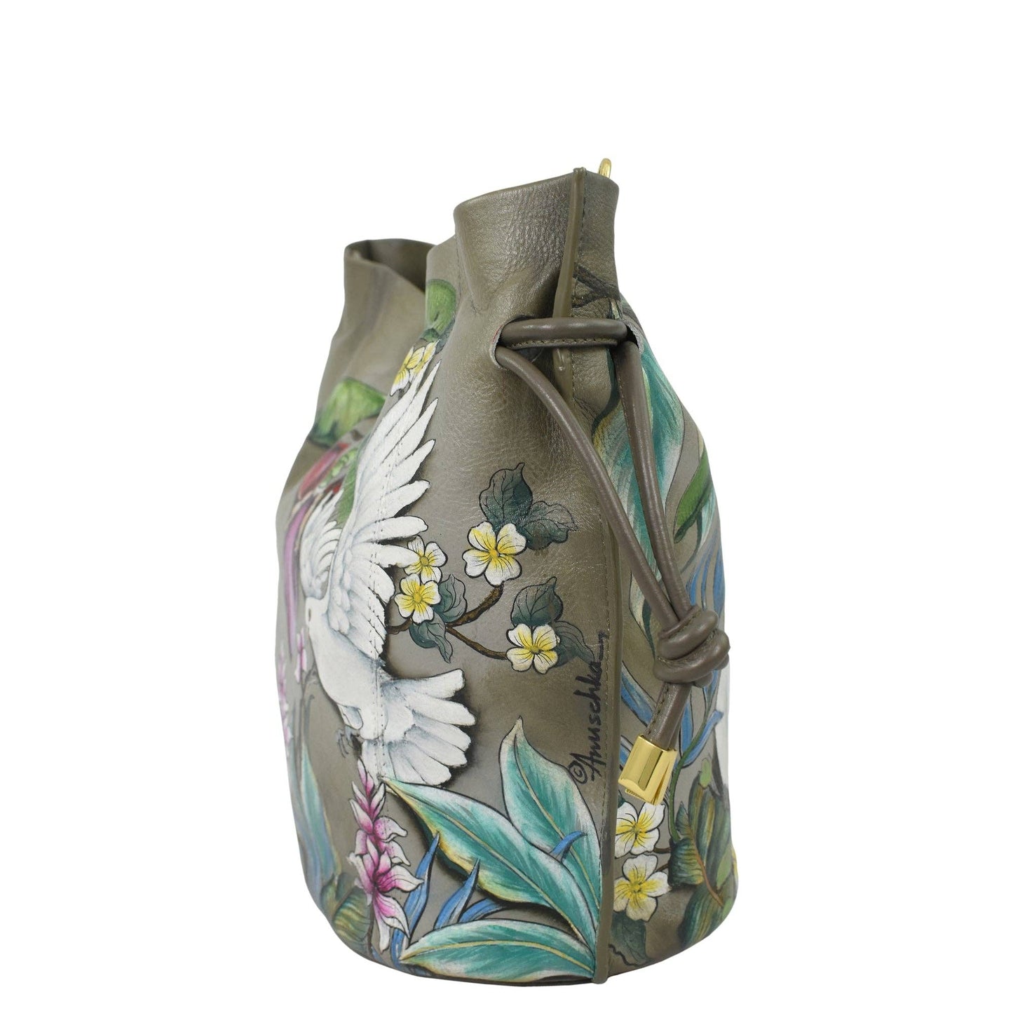 Anuschka Drawstring Bucket Bag - 723 with dove design