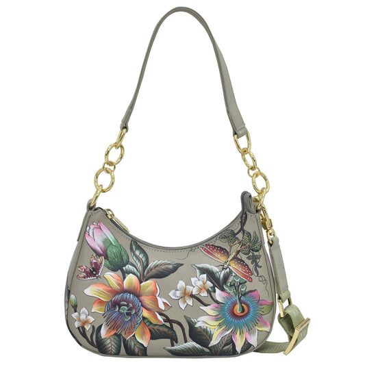 Anuschka Hand-Painted Leather Small Convertible Hobo - 701- olive green floral with dragonfly