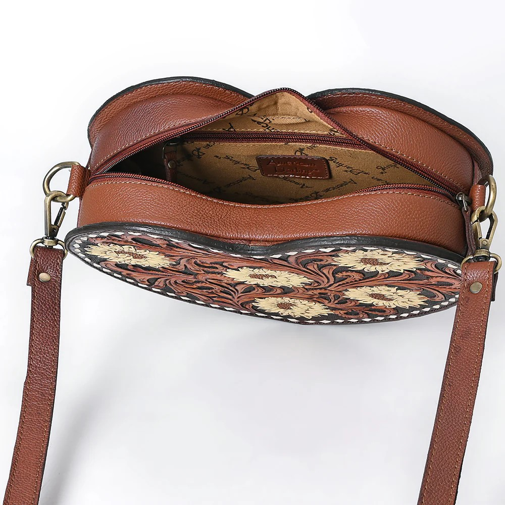 American Darling Heart-Shaped Tooled Leather Cross body Bag - Sunflower Floral Design with Western Stitch