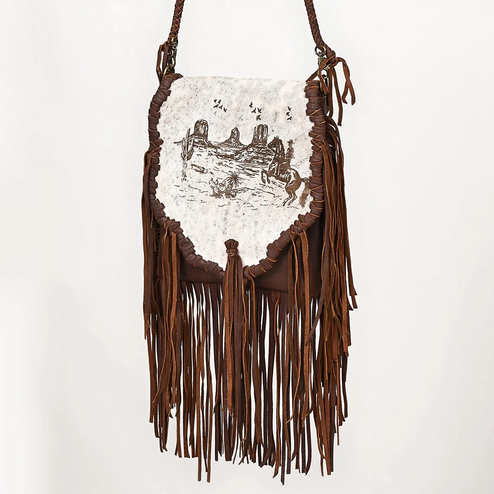 American Darling Western Messenger Bag - Hair-On Leather Fringe Bag with Cowboy Desert Scene & Whipstitch Detail-Conceal Carry