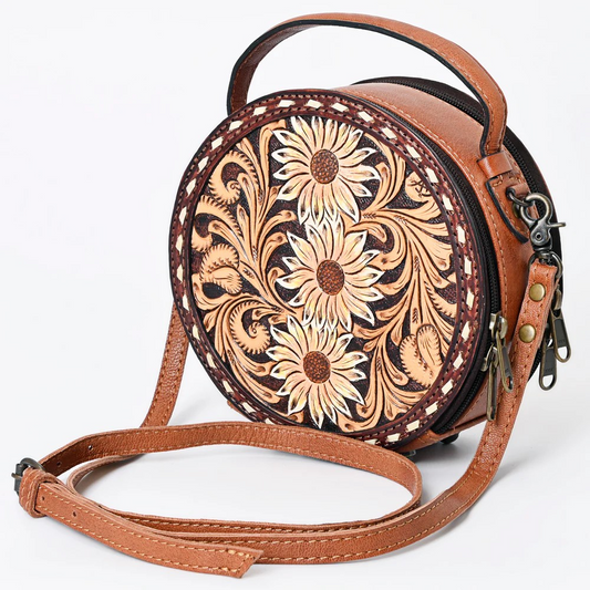 American Darling Western Tooled Leather Crossbody Canteen Bag Floral Carved Floral Inlay