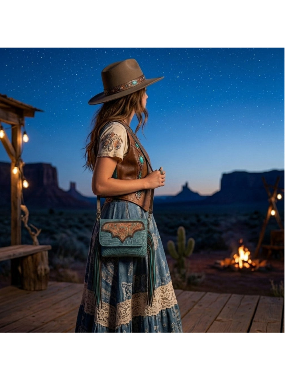 Olay By American Darling Starry Night Turquoise Tooled Crossbody Bag
