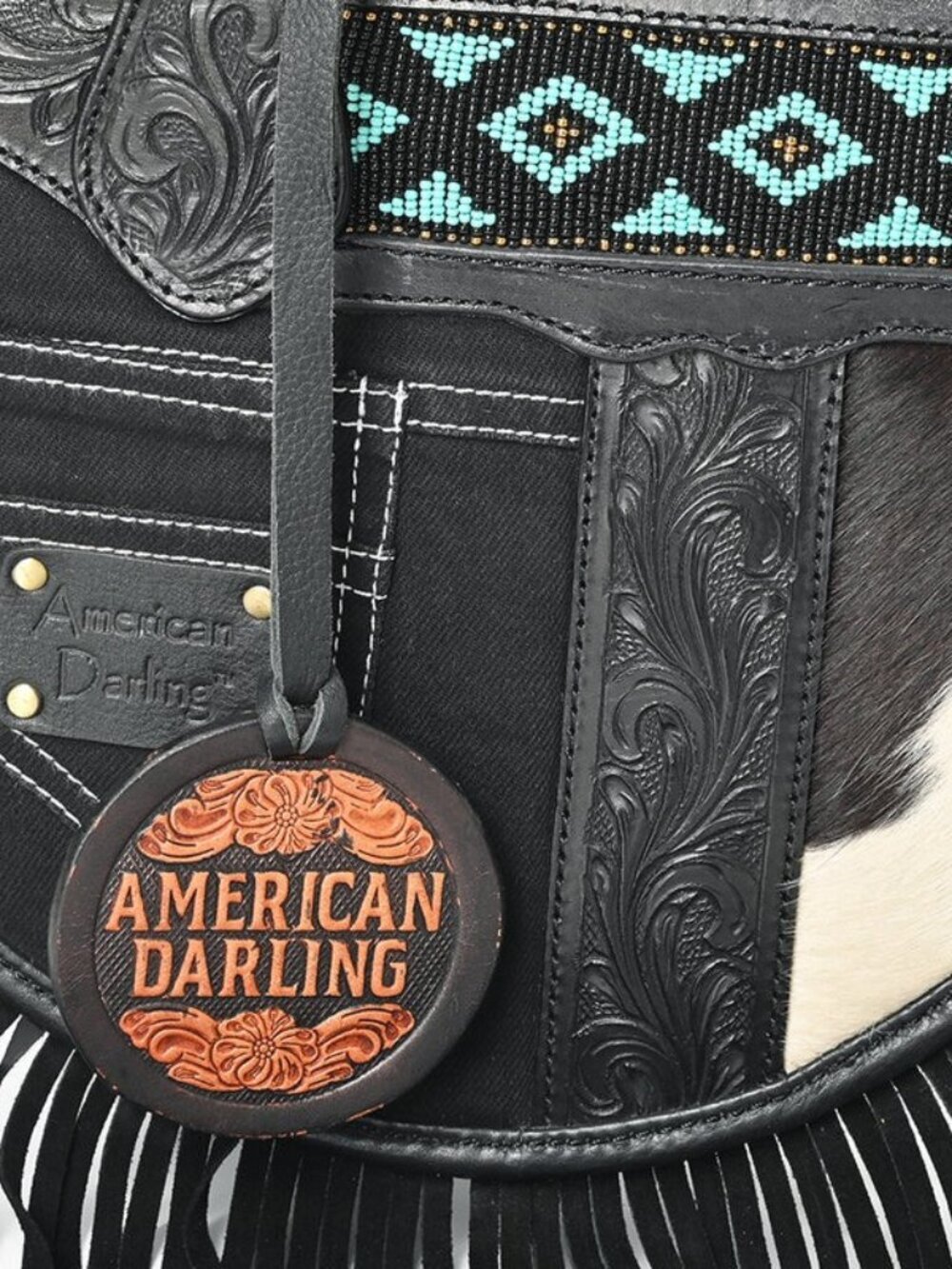American Darling mixed media Black Western Round Fringe Crossbody Canteen Bag