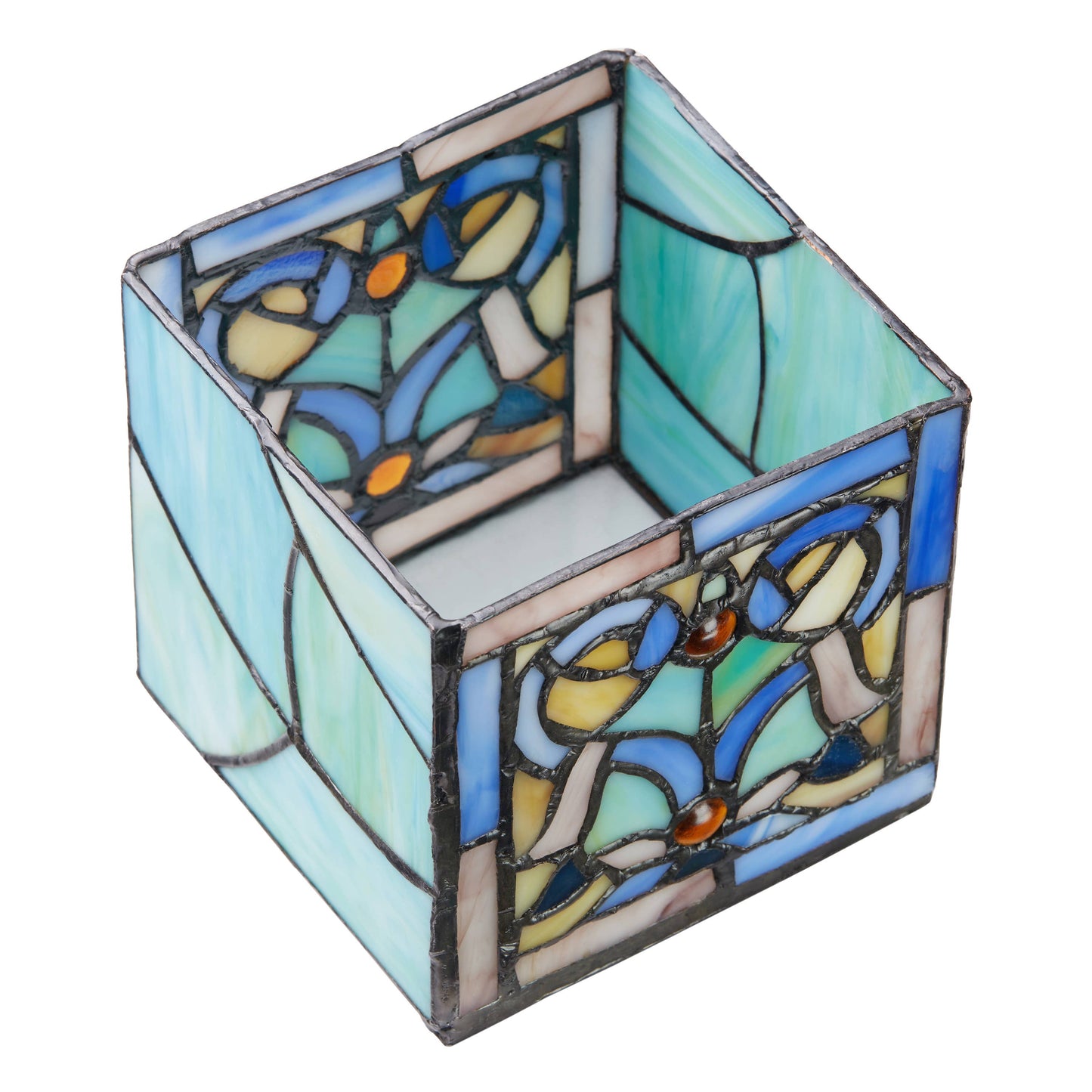 4.75"H Ilsa  Blue Flourishes Stained Glass Candle Holder