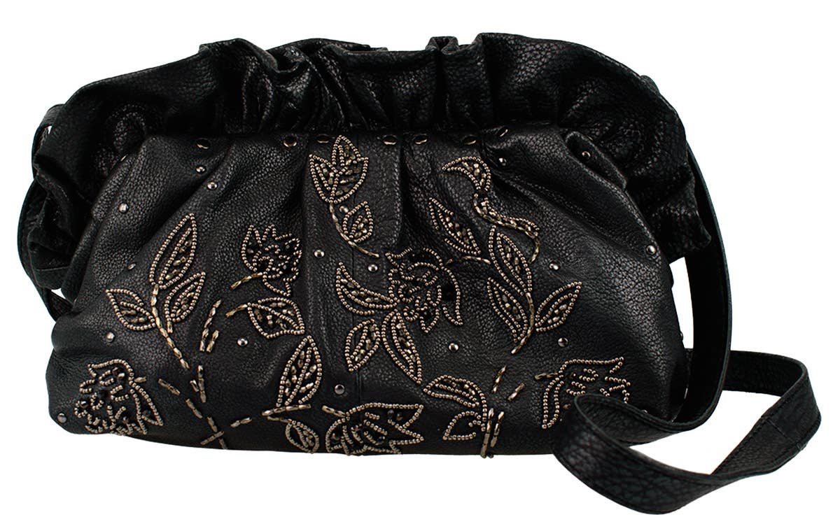 New Mary Frances Uptown Black Leather And Metal Beaded Clutch- preorder Avail August 2025
