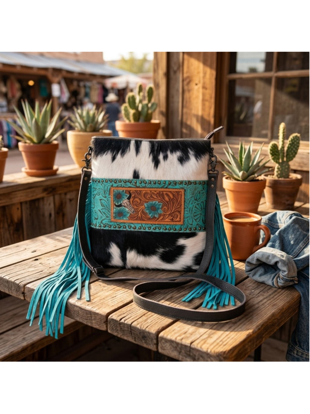 Olay by American Darling Turquoise Nights Fringe Crossbody- Black and white