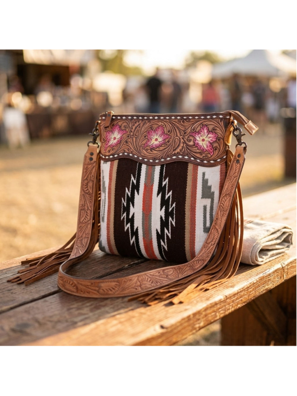 American Desert Bloom Brown and Coral Saddle Blanket Fringe Crossbody