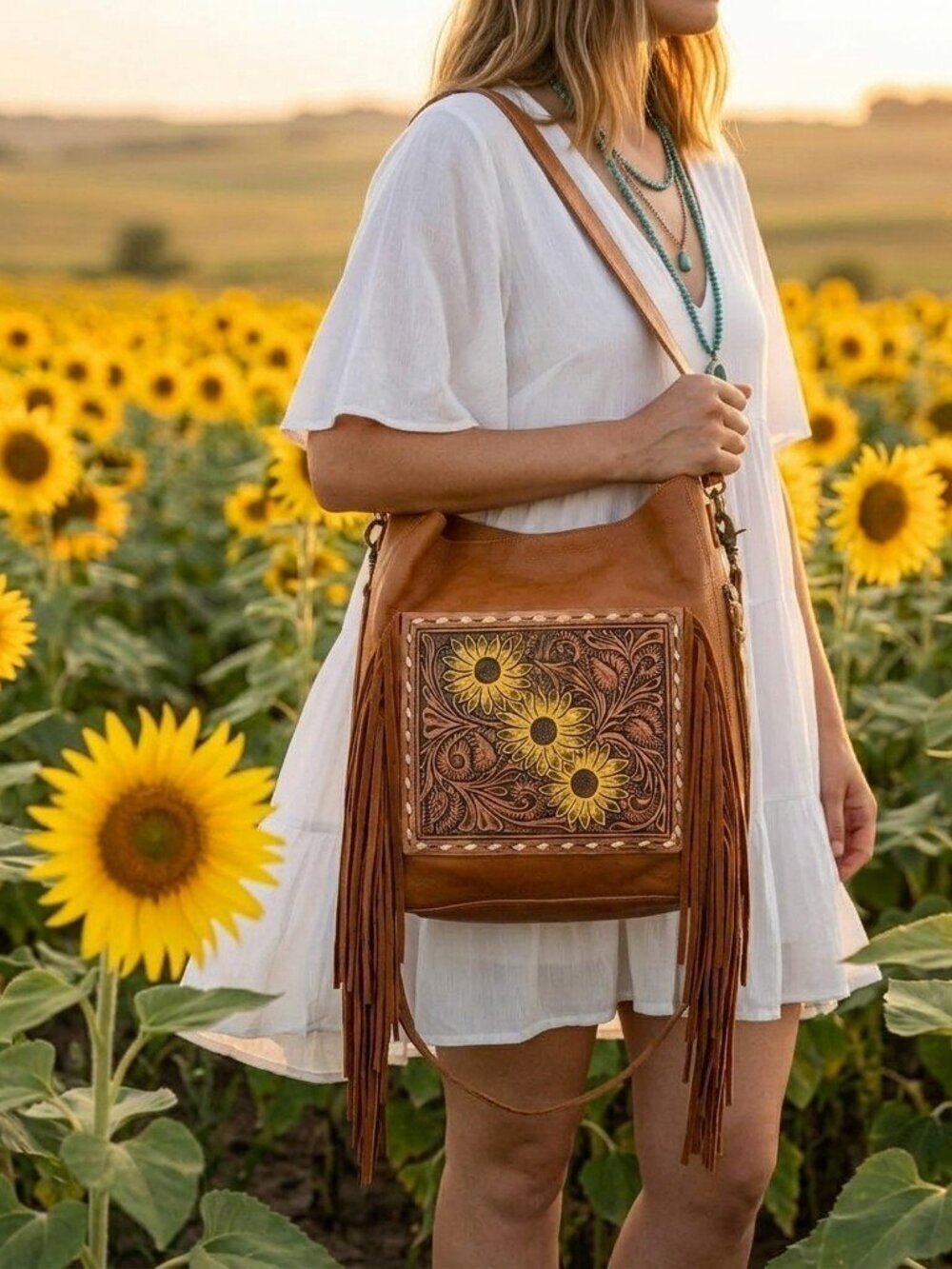 American Darling Sunflower Fringe Leather Hobo