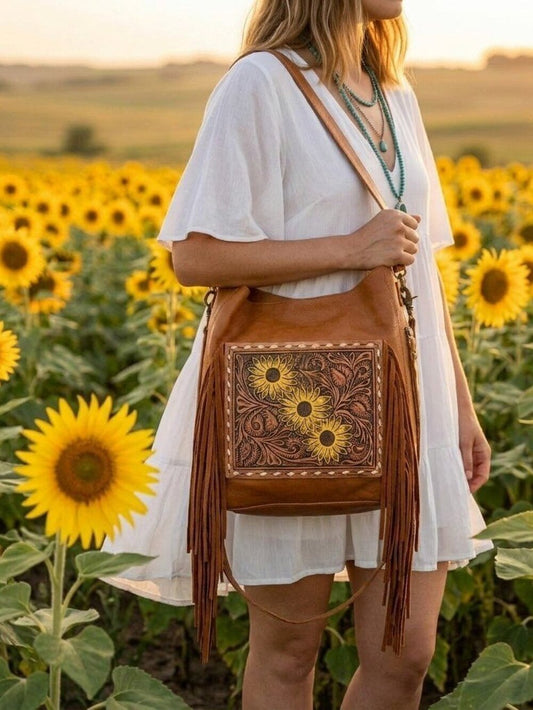 American Darling Sunflower Fringe Leather Hobo