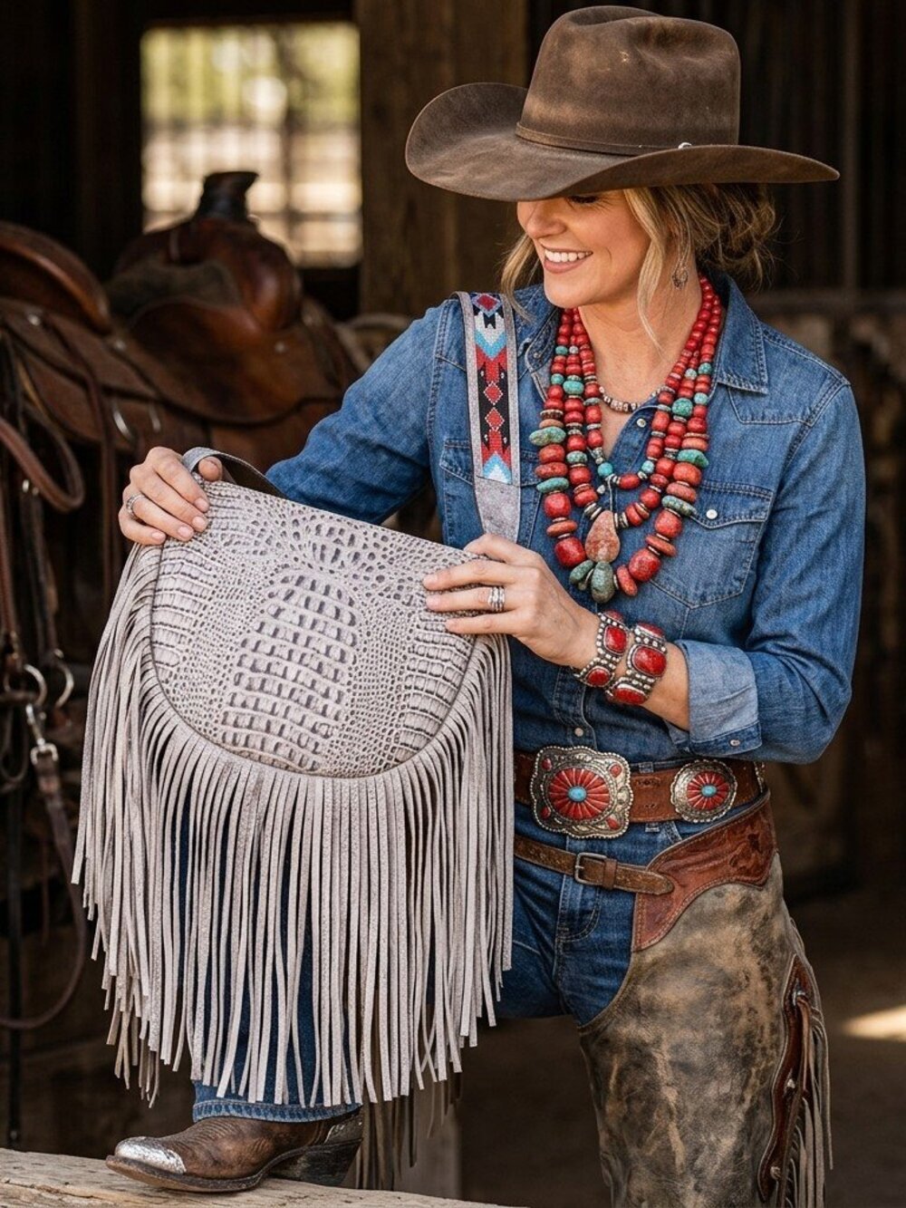American Darling Boho Fringe Crossbody Statement Bag- Croc Embossed Metallic finish