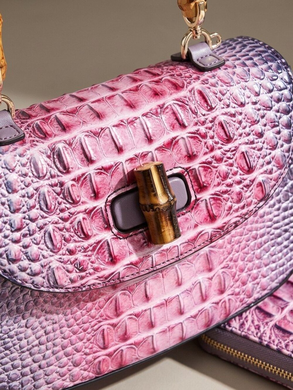 Bamboo handle croc embossed Tie-dyed satchel and wallet set