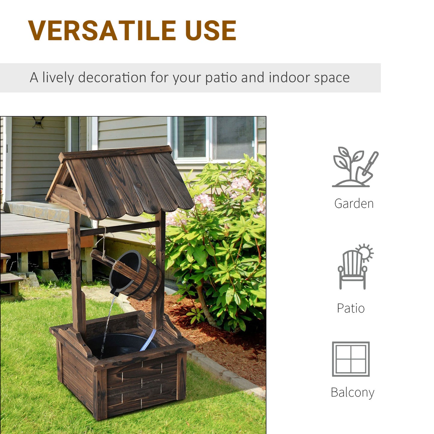 Outdoor Wooden Wishing Well Fountain with Adjustable Water Flow Rate, Outdoor Rustic Waterfall Fountain with Electric Pump, Water Bucket, for Backyard Patio Garden Lawn, Carbonized Finish