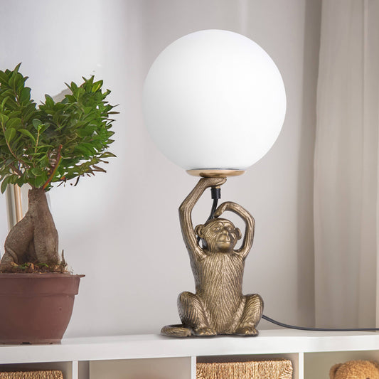 17"H Gold Finish Monkey Table Lamp with Glass Globe Shade