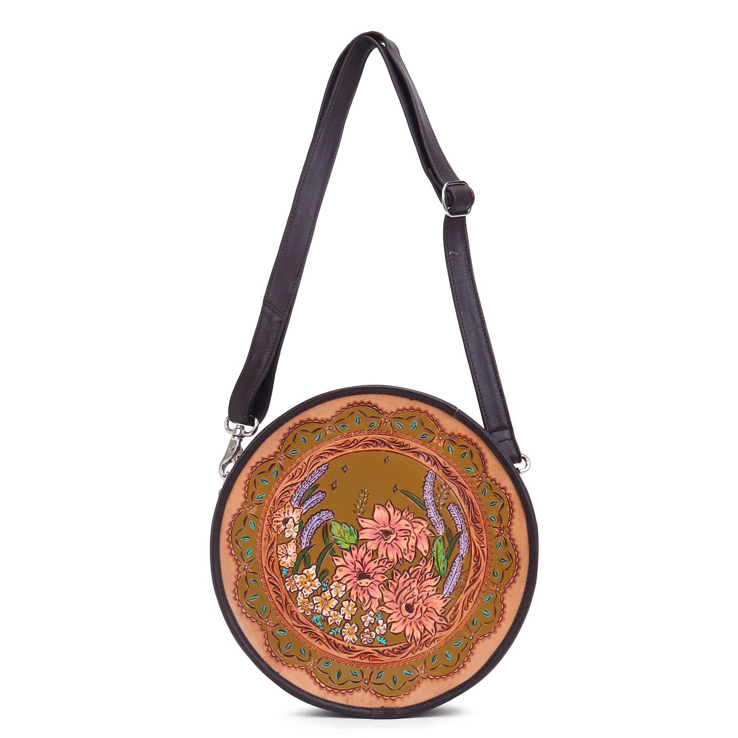 Leather Cowhide Western Hand Tooled Women's Round Crossbody Brown and White