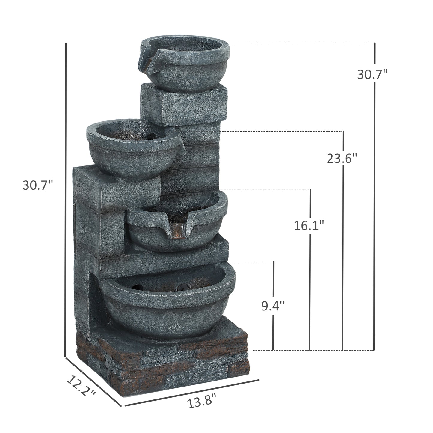 30" Tall Outdoor Waterfall Fountain With LED Lights, 4-Tier Resin Cascading Water Bowls With Pump, Gray