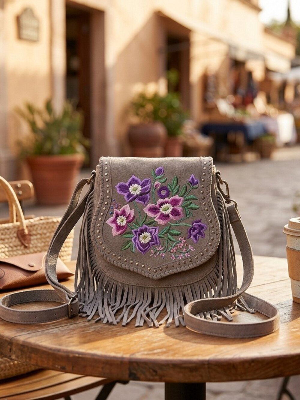 Myra Mojave Meadow Leather Bag in Wild Clay- Boho Lilac Dreams Fringe Crossbody