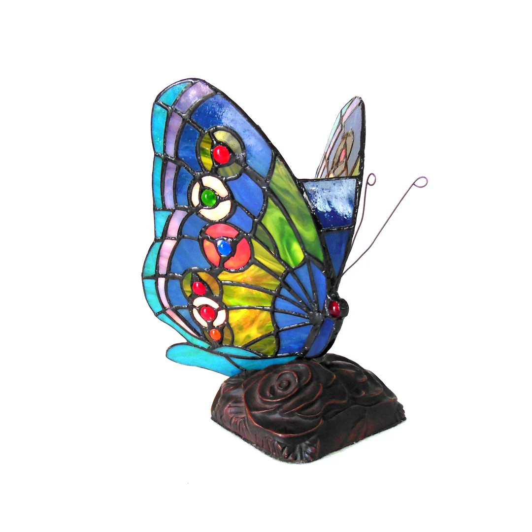 Tiffany-style 1 Light Butterfly Accent Table Lamp 10" Tall blue, teal, red