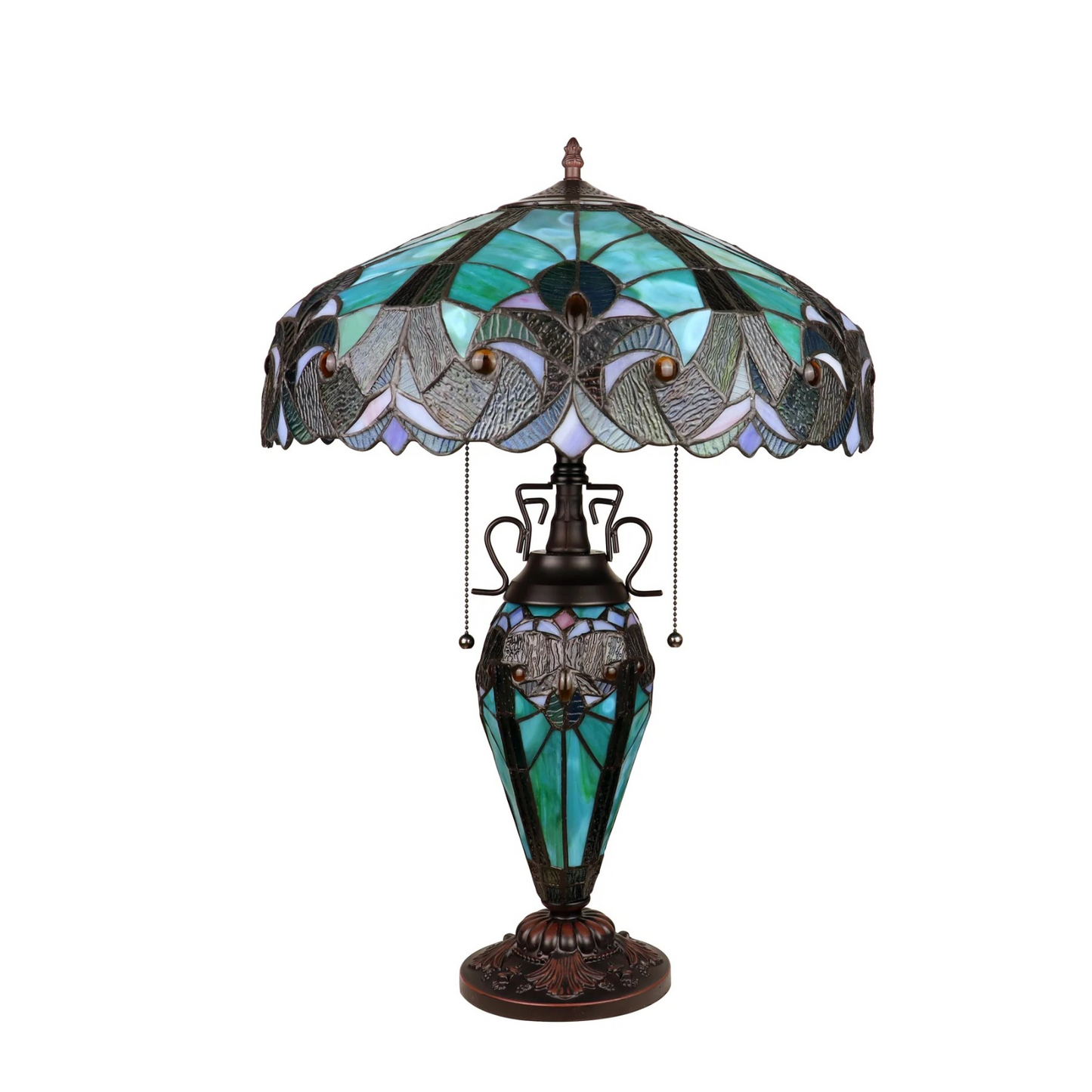 Tiffany style triple lit Victorian-style  lamp teal, cobalt blue and bronze