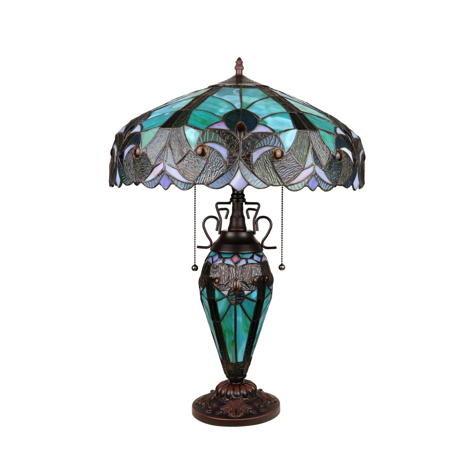 Tiffany style triple lit Victorian-style  lamp teal, cobalt blue and bronze