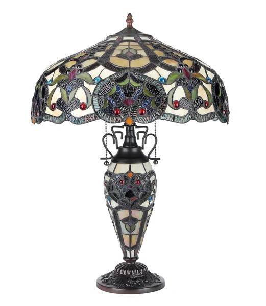 Tiffany style triple lit Victorian-style triple lit table lamp Gold, bronze, red