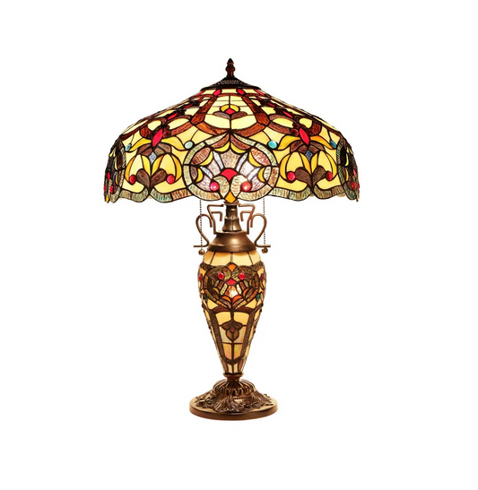 Tiffany style triple lit Victorian-style triple lit table lamp Gold, bronze, red