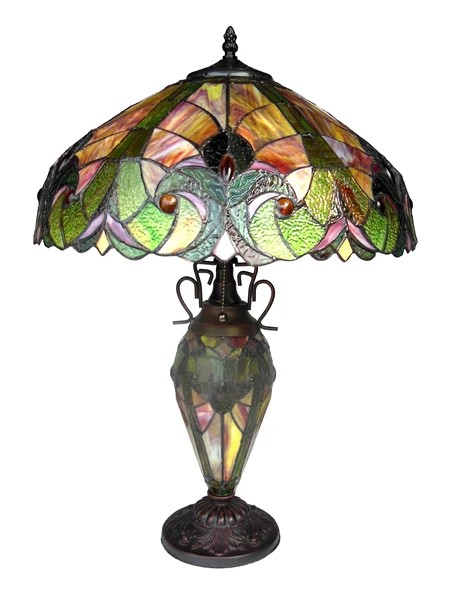 Tiffany style triple lit Victorian-style triple lit table Red, orange, yellow