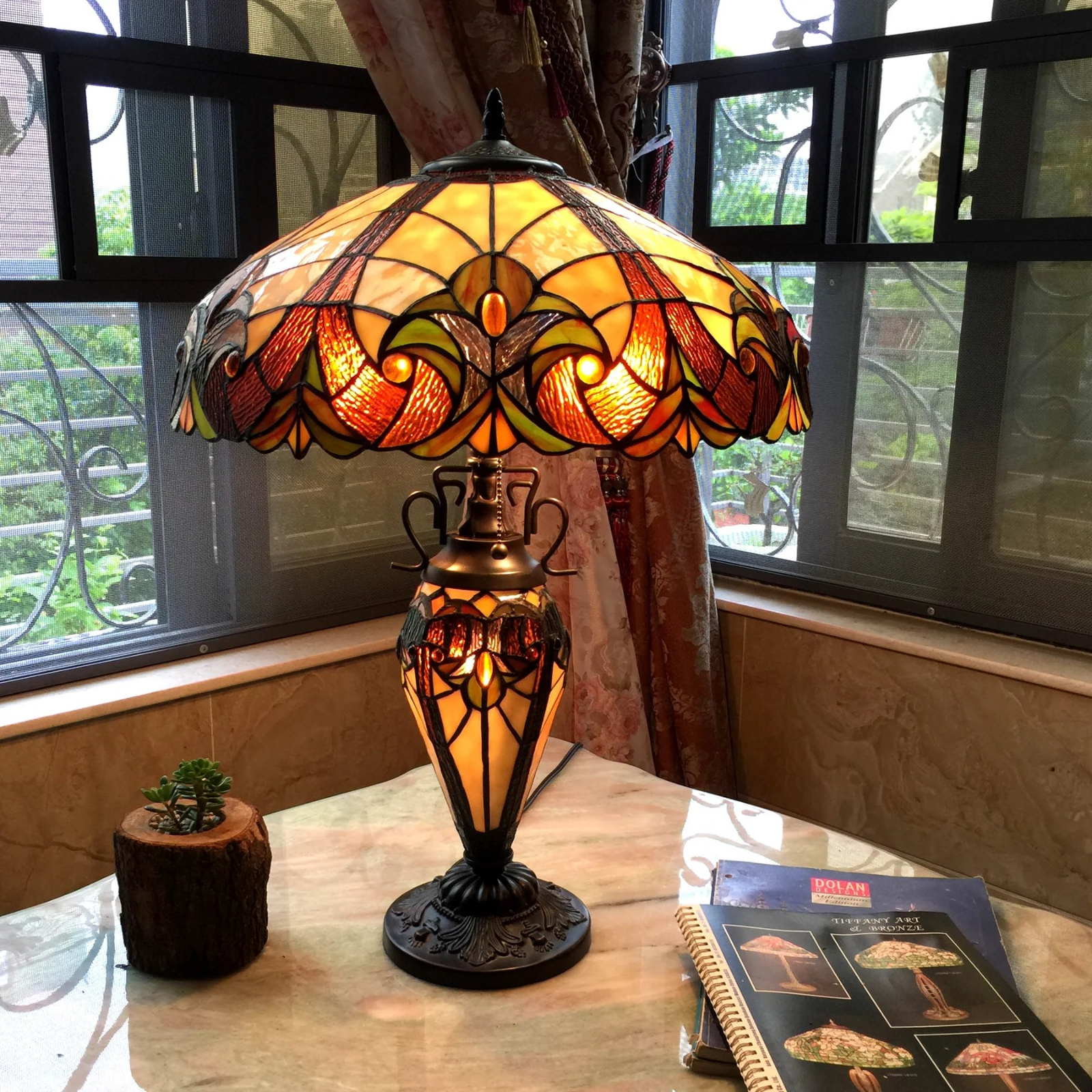 Tiffany style double lit Victorian-style  lamp red, green yellows and bronze