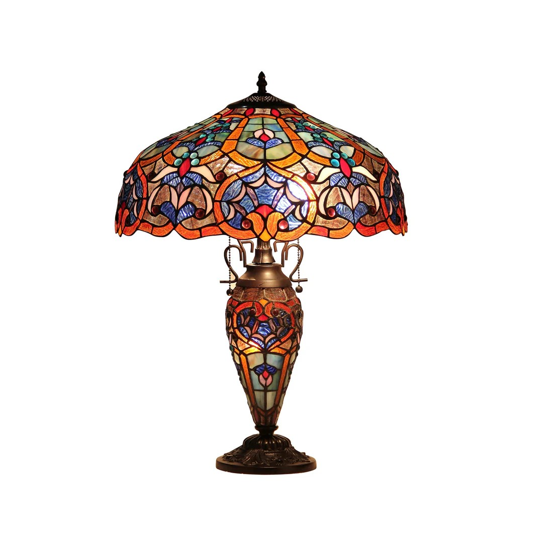 Tiffany style triple lit Victorian-style triple lit table Broze  Orange Red blue