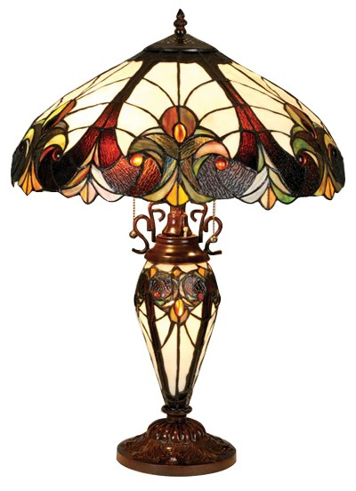 Tiffany style double lit Victorian-style  lamp red, green yellows and bronze