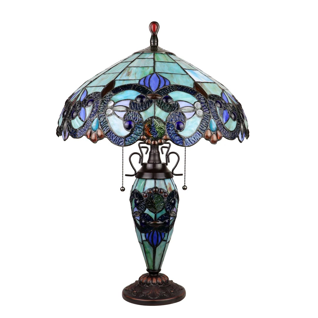 Tiffany style triple lit Victorian-style  lamp Blues, green, lilac