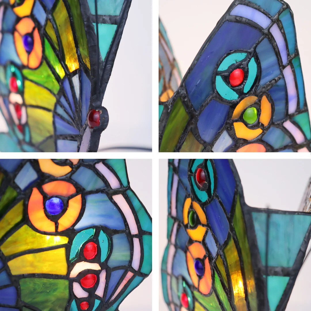 Tiffany-style 1 Light Butterfly Accent Table Lamp 10" Tall blue, teal, red
