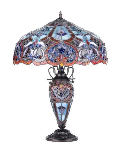 Tiffany style triple lit Victorian-style triple lit table Broze  Orange Red blue