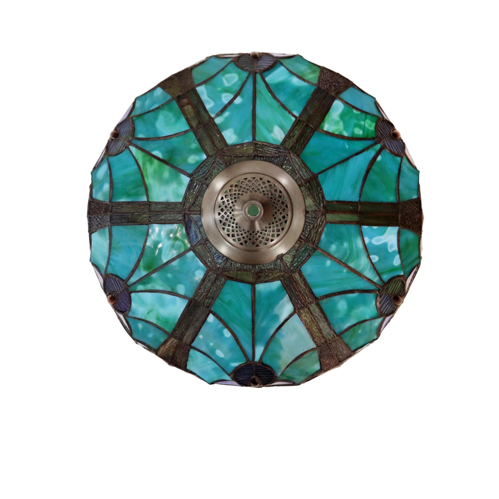Tiffany style triple lit Victorian-style  lamp teal, cobalt blue and bronze