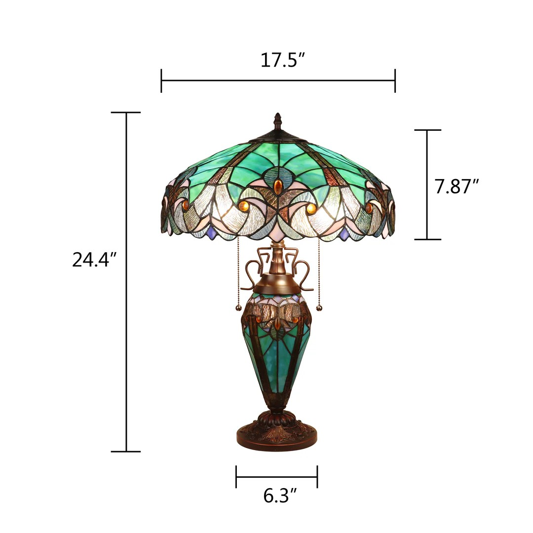 Tiffany style triple lit Victorian-style  lamp teal, cobalt blue and bronze