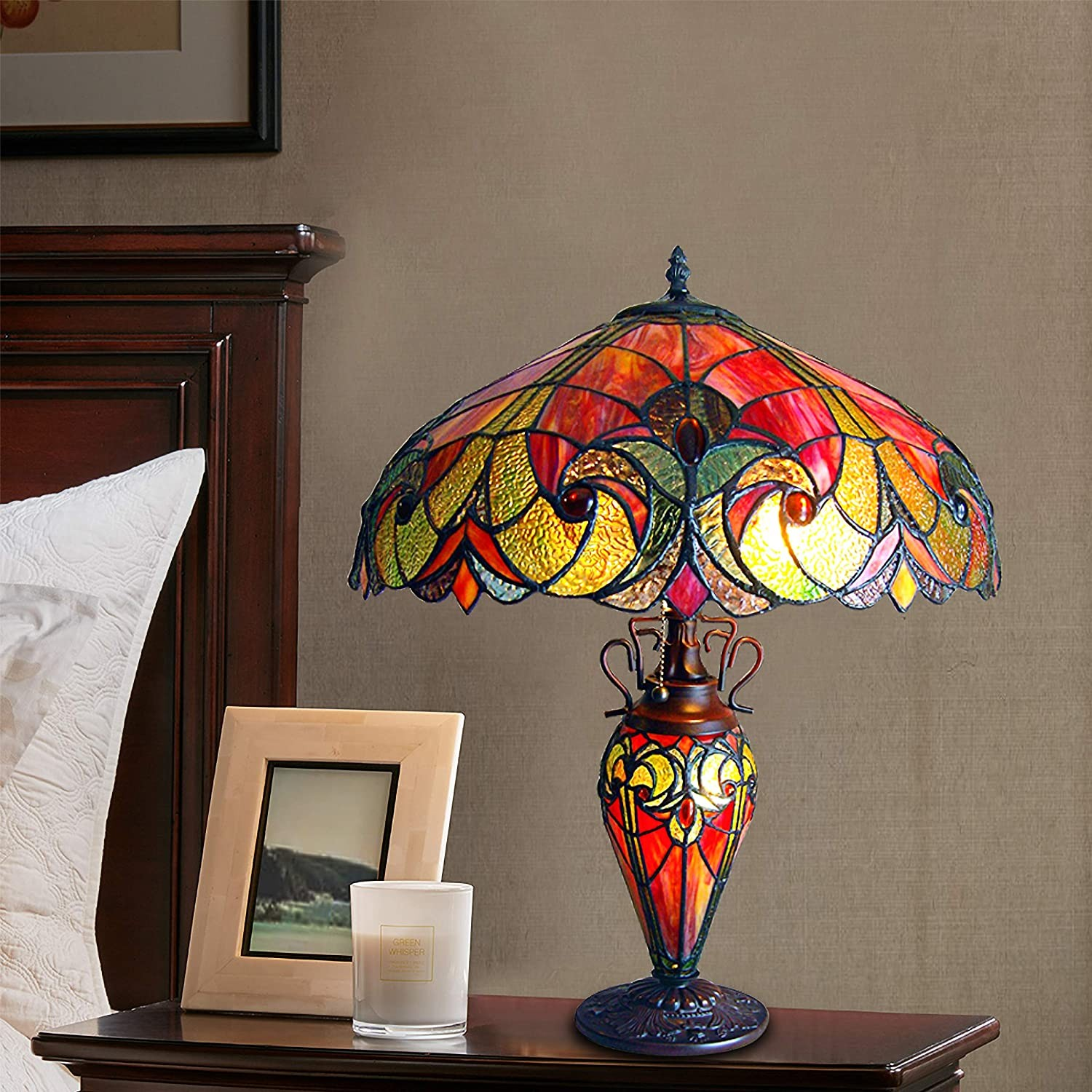 Tiffany style triple lit Victorian-style triple lit table Red, orange, yellow