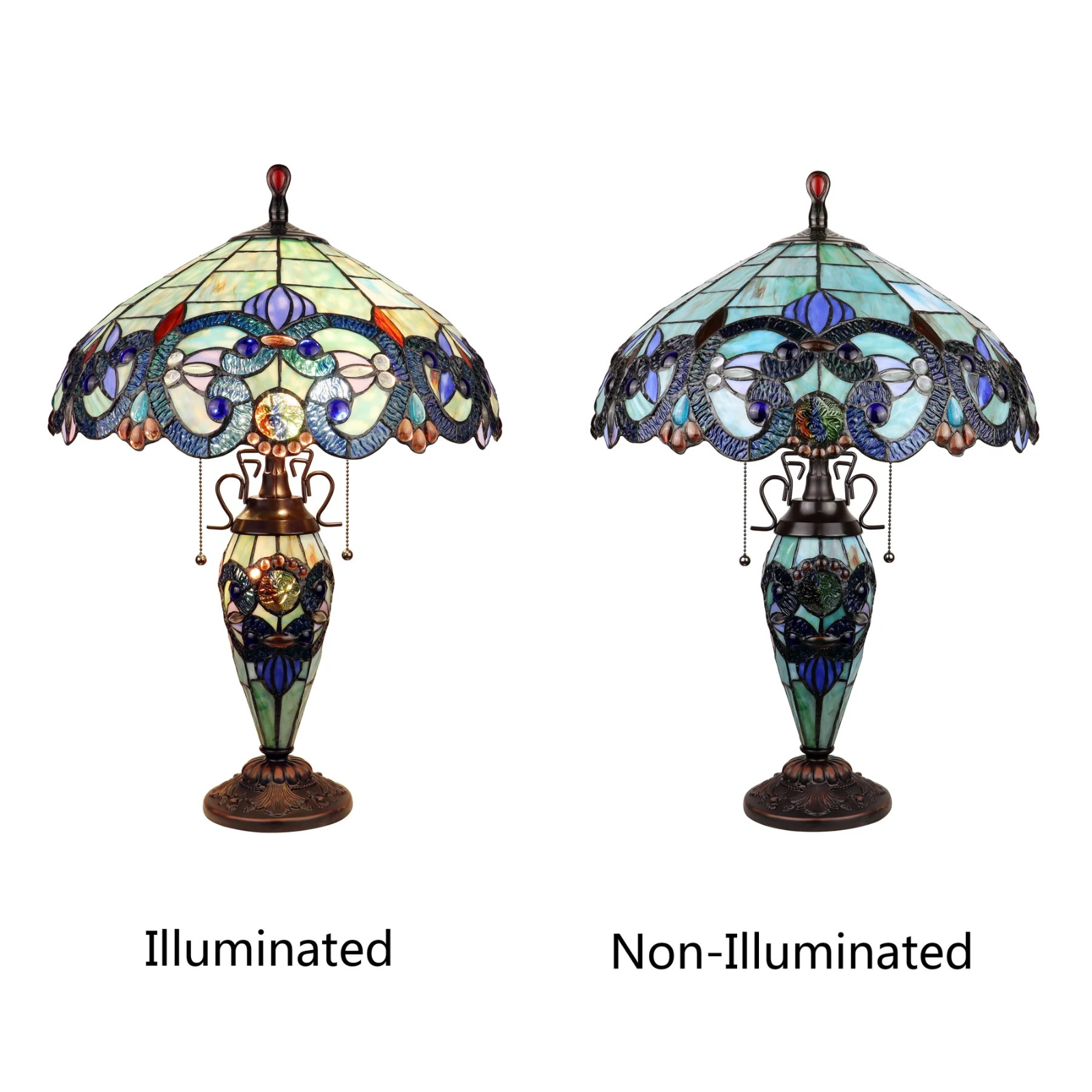 Tiffany style triple lit Victorian-style  lamp Blues, green, lilac