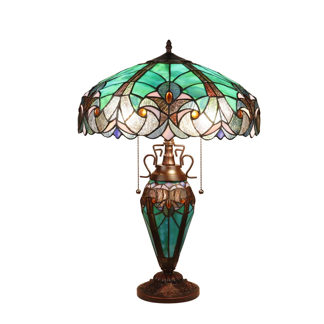 Tiffany style triple lit Victorian-style  lamp teal, cobalt blue and bronze
