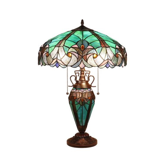 Tiffany style triple lit Victorian-style  lamp teal, cobalt blue and bronze