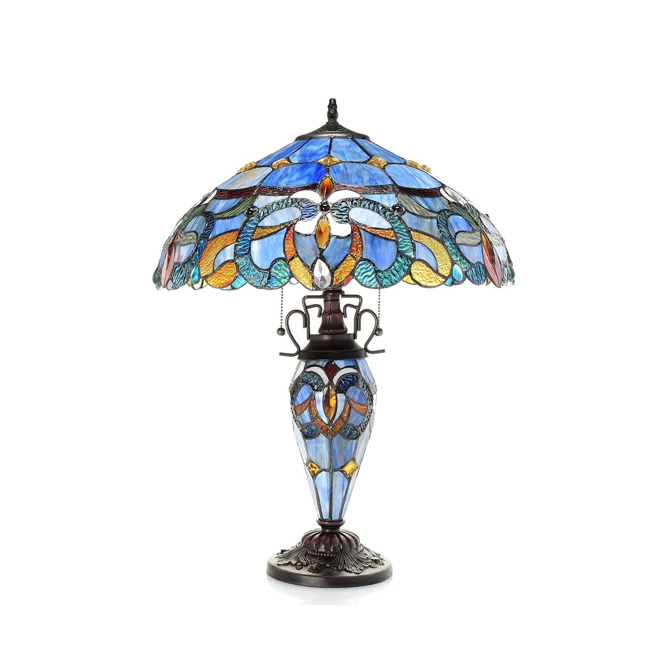 Tiffany style triple lit Victorian-style triple lit table Blues, bronze, green