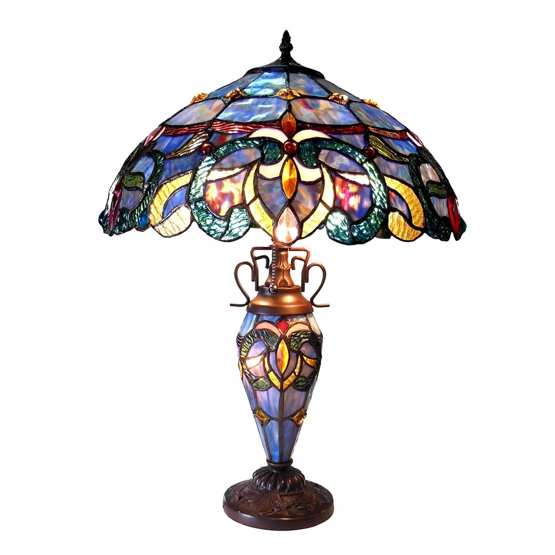 Tiffany style triple lit Victorian-style triple lit table Blues, bronze, green