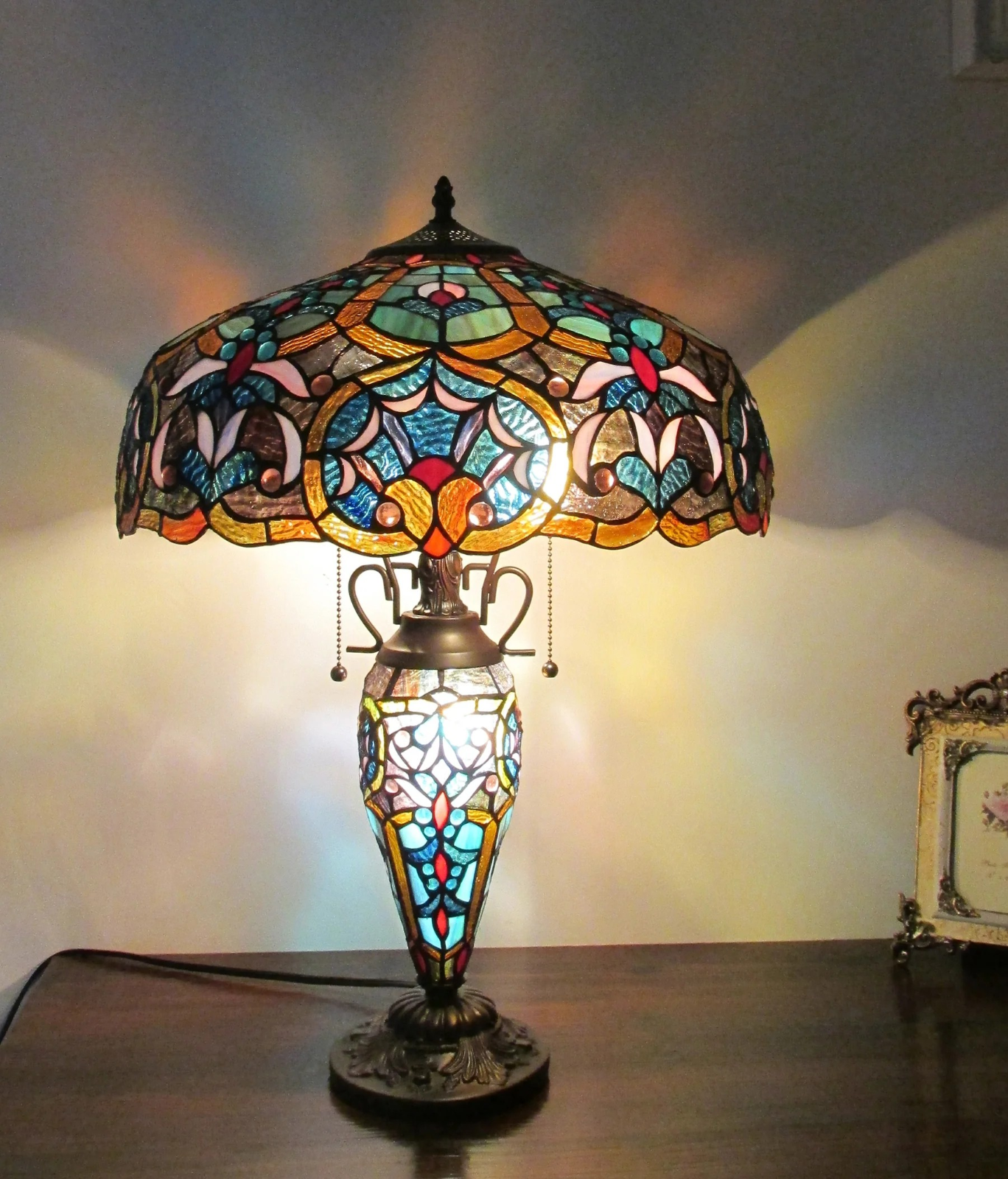 Tiffany style triple lit Victorian-style triple lit table Broze  Orange Red blue
