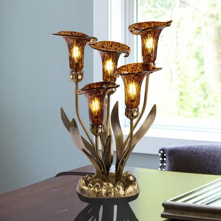 20"H Amber Hand Blown Glass 5 Calla Lily Uplight Table Lamp