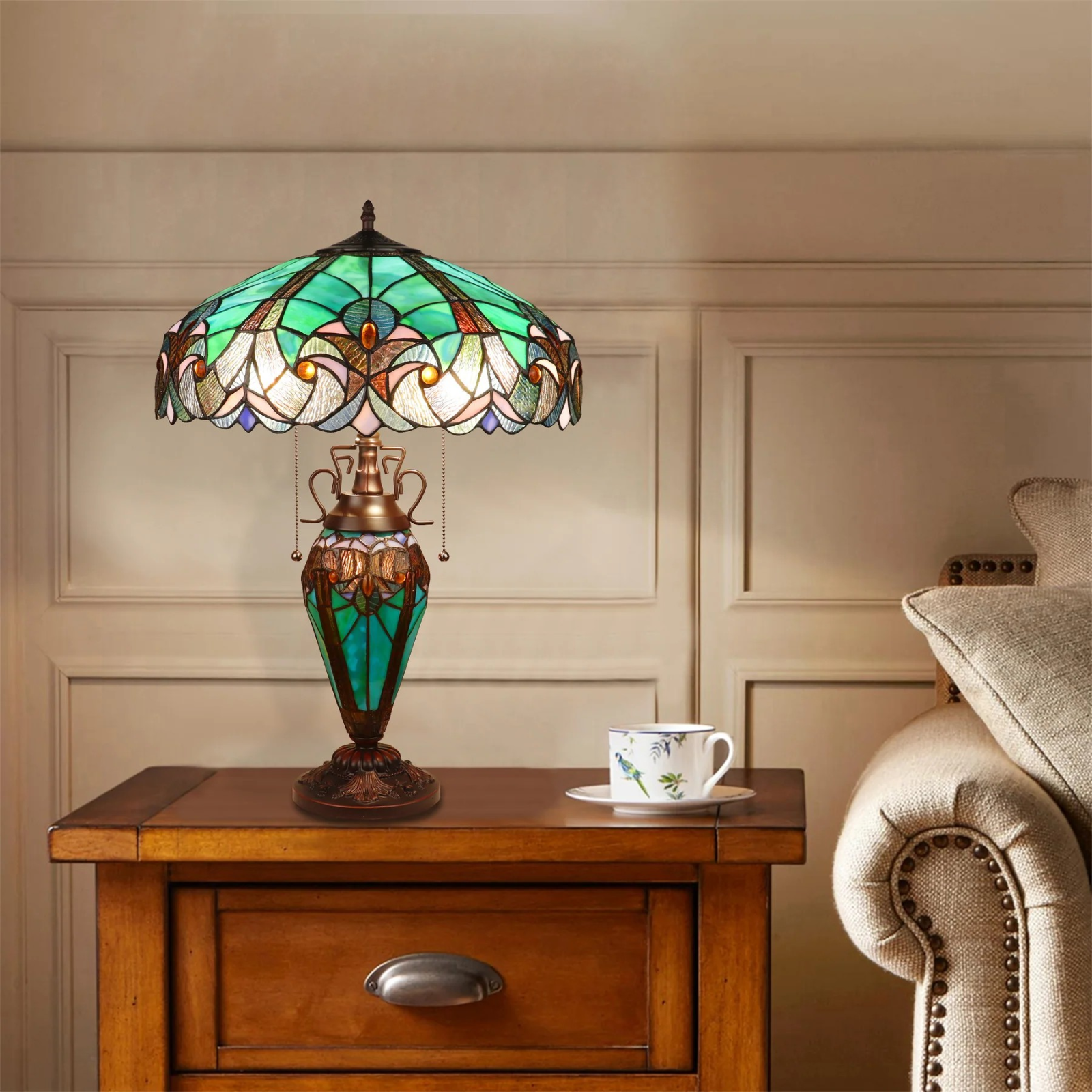 Tiffany style triple lit Victorian-style  lamp teal, cobalt blue and bronze