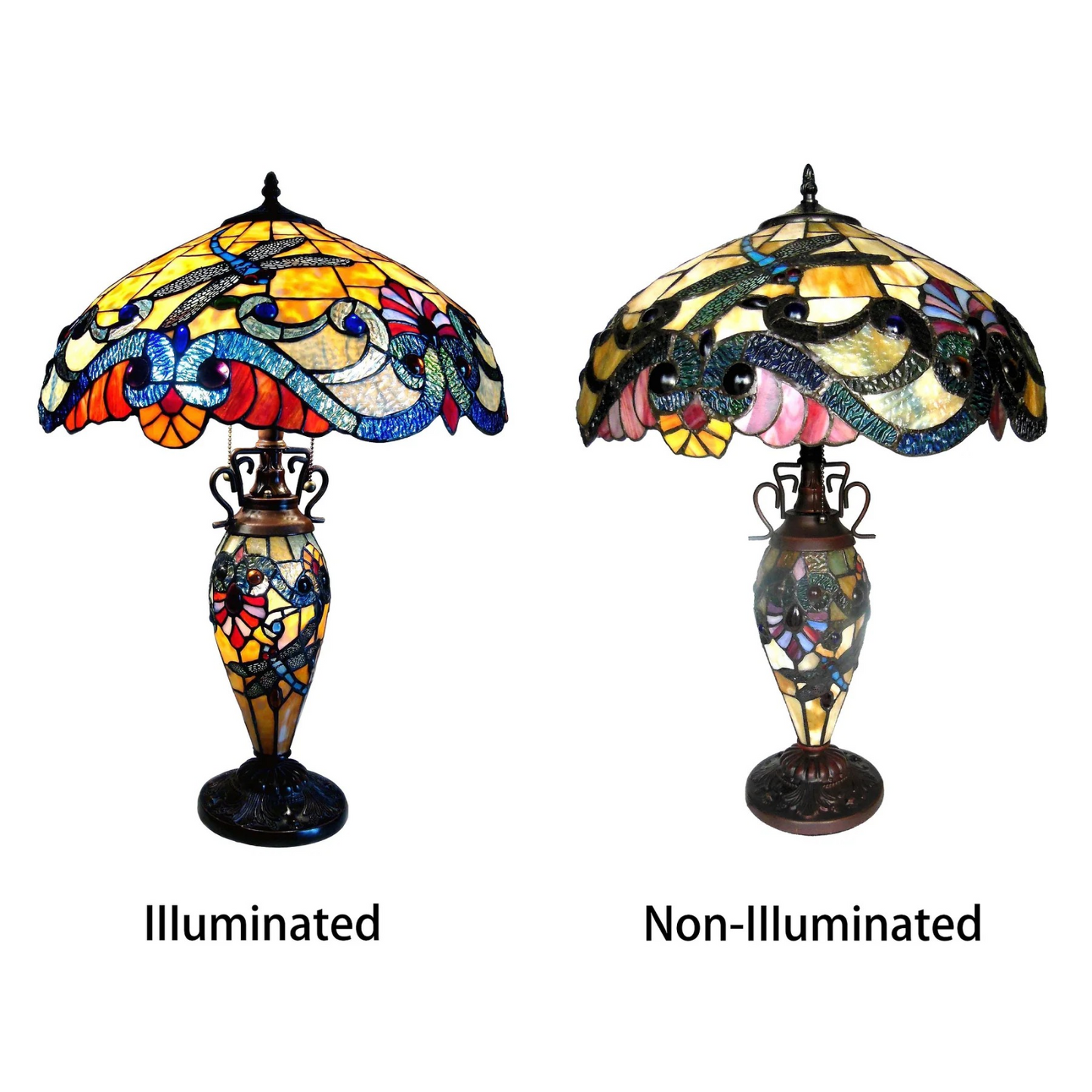 Tiffany style triple lit Victorian-style Dragonfly 3 Light Double Lit Table Lamp